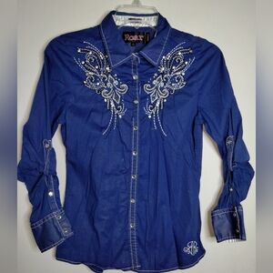 Roar (Size L) Blue & Gold Shimmer Embellished Roll Tab Sleeves Shirt (Flawed)